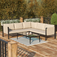 Flash Furniture GM-201108-SEC-GY-GG Lea Indoor/Outdoor Sectional with Cushions - Modern Steel Framed Chair with Dual Storage Pockets, Black with Beige Cushions