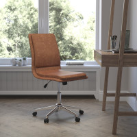Flash Furniture GO-21111-BR-GG Madigan Mid-Back Armless Swivel Task Office Chair with LeatherSoft and Adjustable Chrome Base, Cognac