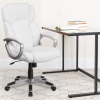 Flash Furniture GO-2236M-WH-GG Mid-Back White Leather Executive Swivel Chair with Padded Arms 