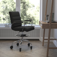 Flash Furniture GO-2286B-BK-RLB-GG Lexi Mid-Back Black LeatherSoft Drafting Chair with Adjustable Foot Ring, Chrome Base, and Transparent Roller Wheels
