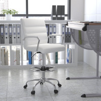 Flash Furniture GO-2286B-WH-GG Mid-Back White LeatherSoft Drafting Chair with Adjustable Foot Ring and Chrome Base