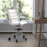 Flash Furniture GO-2286B-WH-RLB-GG Lexi Mid-Back White LeatherSoft Drafting Chair with Adjustable Foot Ring, Chrome Base, and Transparent Roller Wheels