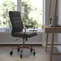 Flash Furniture GO-2286H-BK-RSGLD-RLB-GG Whitney High Back Black LeatherSoft Executive Swivel Office Chair with Rose Gold Frame, Arms, and Transparent Roller Wheels