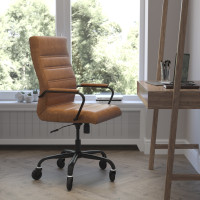 Flash Furniture GO-2286H-BR-BK-RLB-GG Whitney High Back Brown LeatherSoft Executive Swivel Office Chair with Black Frame, Arms, and Transparent Roller Wheels
