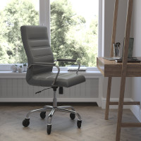 Flash Furniture GO-2286H-GR-RLB-GG Whitney High Back Gray LeatherSoft Executive Swivel Office Chair with Chrome Frame, Arms, and Transparent Roller Wheels