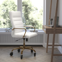 Flash Furniture GO-2286H-WH-GLD-RLB-GG Whitney High Back White LeatherSoft Executive Swivel Office Chair with Gold Frame, Arms, and Transparent Roller Wheels