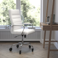 Flash Furniture GO-2286H-WH-RLB-GG Whitney High Back White LeatherSoft Executive Swivel Office Chair with Chrome Frame, Arms, and Transparent Roller Wheels