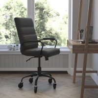 Flash Furniture GO-2286M-BK-BK-RLB-GG Camilia Mid-Back Black LeatherSoft Executive Swivel Office Chair with Black Frame, Arms, and Transparent Roller Wheels