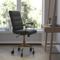 Flash Furniture GO-2286M-BK-GLD-RLB-GG Camilia Mid-Back Black LeatherSoft Executive Swivel Office Chair with Gold Frame, Arms, and Transparent Roller Wheels