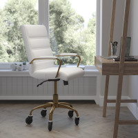 Flash Furniture GO-2286M-WH-GLD-RLB-GG Camilia Mid-Back White LeatherSoft Executive Swivel Office Chair with Gold Frame, Arms, and Transparent Roller Wheels