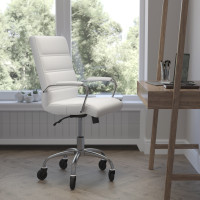 Flash Furniture GO-2286M-WH-RLB-GG Camilia Mid-Back White LeatherSoft Executive Swivel Office Chair with Chrome Frame, Arms, and Transparent Roller Wheels