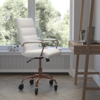 Flash Furniture GO-2286M-WH-RSGLD-RLB-GG Camilia Mid-Back White LeatherSoft Executive Swivel Office Chair with Rose Gold Frame, Arms, and Transparent Roller Wheels