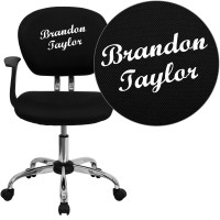 Flash Furniture H-2376-F-BK-ARMS-TXTEMB-GG Personalized Mid-Back Black Mesh Swivel Task Office Chair with Chrome Base and Arms