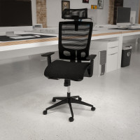 Flash Furniture H-2809-1KY-BK-GG Ergonomic Mesh Office Chair with Synchro-Tilt, Pivot Adjustable Headrest, Lumbar Support, Coat Hanger and Adjustable Arms in Black