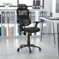 Flash Furniture H-LC-1388F-1K-BK-GG Ergonomic Mesh Office Chair with 2-to-1 Synchro-Tilt, Adjustable Headrest, Lumbar Support, and Adjustable Pivot Arms in Black