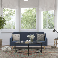 Flash Furniture HC-1035-NV-GG Delphine Premium Convertible Split Back Sofa Futon with Curved Armrests and Solid Wood Legs - Navy Faux Linen Upholstery