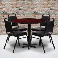 Flash Furniture 36'' Round Mahogany Laminate Table Set with 4 Black Trapezoidal Back Banquet Chairs HDBF1002-GG