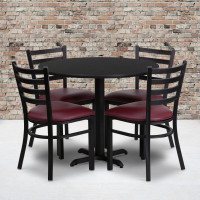 Flash Furniture 36'' Round Black Laminate Table Set with 4 Ladder Back Metal Chairs - Burgundy Vinyl Seat HDBF1005-GG