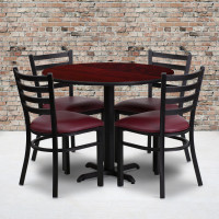 Flash Furniture 36'' Round Mahogany Laminate Table Set with 4 Ladder Back Metal Chairs - Burgundy Vinyl Seat HDBF1006-GG