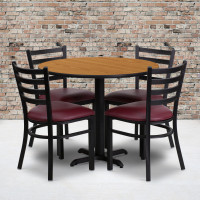 Flash Furniture 36'' Round Natural Laminate Table Set with 4 Ladder Back Metal Chairs - Burgundy Vinyl Seat HDBF1007-GG
