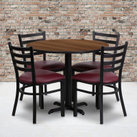 Flash Furniture 36'' Round Walnut Laminate Table Set with 4 Ladder Back Metal Chairs - Burgundy Vinyl Seat HDBF1008-GG