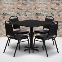 Flash Furniture 36'' Square Black Laminate Table Set with 4 Black Trapezoidal Back Banquet Chairs HDBF1009-GG