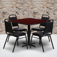 Flash Furniture 36'' Square Mahogany Laminate Table Set with 4 Black Trapezoidal Back Banquet Chairs HDBF1010-GG