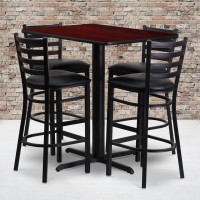 Flash Furniture 24''W x 42''L Rectangular Mahogany Laminate Table Set with 4 Ladder Back Metal Bar Stools - Black Vinyl Seat HDBF1018-GG