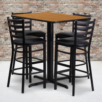 Flash Furniture 24''W x 42''L Rectangular Natural Laminate Table Set with 4 Ladder Back Metal Bar Stools - Black Vinyl Seat HDBF1019-GG