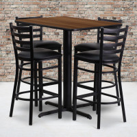 Flash Furniture 24''W x 42''L Rectangular Walnut Laminate Table Set with 4 Ladder Back Metal Bar Stools - Black Vinyl Seat HDBF1020-GG