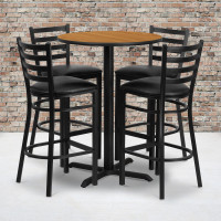 Flash Furniture 30'' Round Natural Laminate Table Set with 4 Ladder Back Metal Bar Stools - Black Vinyl Seat HDBF1023-GG