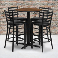 Flash Furniture 30'' Round Walnut Laminate Table Set with 4 Ladder Back Metal Bar Stools - Black Vinyl Seat HDBF1024-GG