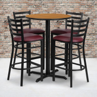 Flash Furniture 30'' Round Natural Laminate Table Set with 4 Ladder Back Metal Bar Stools - Burgundy Vinyl Seat HDBF1027-GG