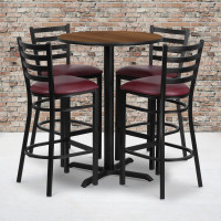 Flash Furniture 30'' Round Walnut Laminate Table Set with 4 Ladder Back Metal Bar Stools - Burgundy Vinyl Seat HDBF1028-GG