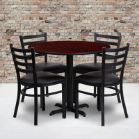 Flash Furniture 36'' Round Mahogany Laminate Table Set with 4 Ladder Back Metal Chairs - Black Vinyl Seat HDBF1030-GG