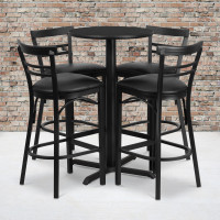 Flash Furniture 24'' Round Black Laminate Table Set with 4 Ladder Back Metal Bar Stools - Black Vinyl Seat HDBF1033-GG