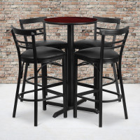 Flash Furniture 24'' Round Mahogany Laminate Table Set with 4 Ladder Back Metal Bar Stools - Black Vinyl Seat HDBF1034-GG