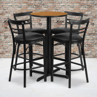 Flash Furniture 24'' Round Natural Laminate Table Set with 4 Ladder Back Metal Bar Stools - Black Vinyl Seat HDBF1035-GG
