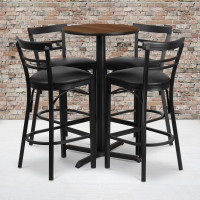 Flash Furniture 24'' Round Walnut Laminate Table Set with 4 Ladder Back Metal Bar Stools - Black Vinyl Seat HDBF1036-GG