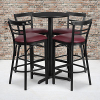 Flash Furniture 24'' Round Black Laminate Table Set with 4 Ladder Back Metal Bar Stools - Burgundy Vinyl Seat HDBF1037-GG