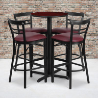 Flash Furniture 24'' Round Mahogany Laminate Table Set with 4 Ladder Back Metal Bar Stools - Burgundy Vinyl Seat HDBF1038-GG