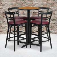 Flash Furniture 24'' Round Natural Laminate Table Set with 4 Ladder Back Metal Bar Stools - Burgundy Vinyl Seat HDBF1039-GG