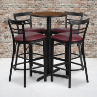 Flash Furniture 24'' Round Walnut Laminate Table Set with 4 Ladder Back Metal Bar Stools - Burgundy Vinyl Seat HDBF1040-GG