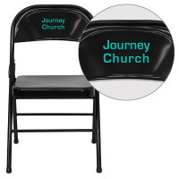 Flash Furniture HF3-MC-309AS-BK-TXTEMB-VYL-GG Personalized HERCULES Series Triple Braced & Double Hinged Black Metal Folding Chair