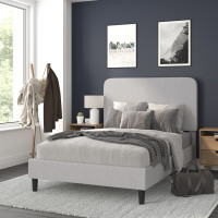 Flash Furniture HG-3WPB21-F02-F-GY-GG Addison Light Grey Full Fabric Upholstered Platform Bed - Headboard with Rounded Edges - No Box Spring or Foundation Needed