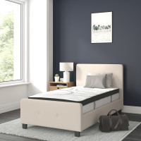 Flash Furniture HG-BM10-17-GG Tribeca Twin Size Tufted Upholstered Platform Bed in Beige Fabric with 10 Inch CertiPUR-US Certified Pocket Spring Mattress