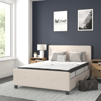 Flash Furniture HG-BM10-18-GG Tribeca Full Size Tufted Upholstered Platform Bed in Beige Fabric with 10 Inch CertiPUR-US Certified Pocket Spring Mattress