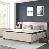 Flash Furniture HG-BM10-20-GG Tribeca King Size Tufted Upholstered Platform Bed in Beige Fabric with 10 Inch CertiPUR-US Certified Pocket Spring Mattress