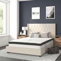 Flash Furniture HG-BM10-34-GG Riverdale Full Size Tufted Upholstered Platform Bed in Beige Fabric with 10 Inch CertiPUR-US Certified Pocket Spring Mattress