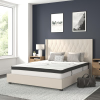 Flash Furniture HG-BM10-35-GG Riverdale Queen Size Tufted Upholstered Platform Bed in Beige Fabric with 10 Inch CertiPUR-US Certified Pocket Spring Mattress